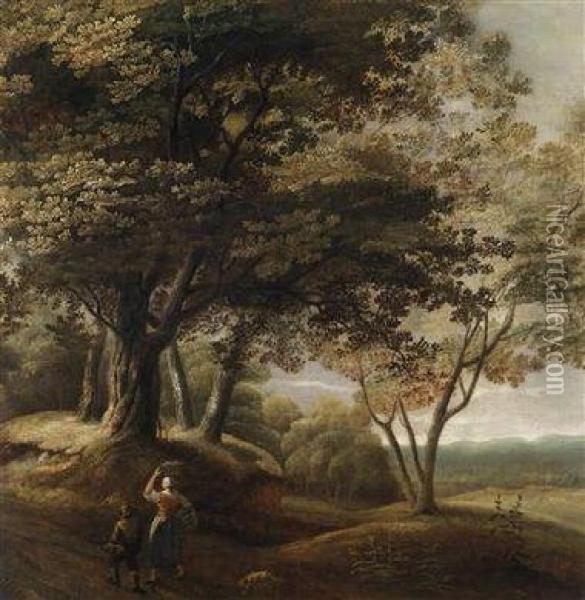 Wooded Landscape With Travellers Oil Painting - Lucas Achtschellinck