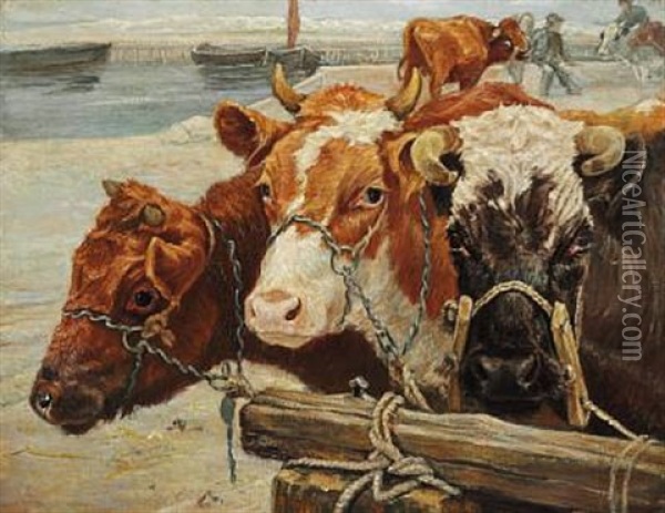 Three Cows Waiting For Shipping To Saltholm Oil Painting - Theodor Philipsen