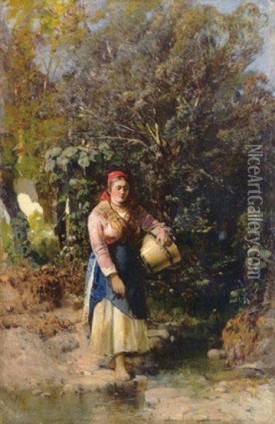 Woman Carrying Water Oil Painting - Geza Meszoely