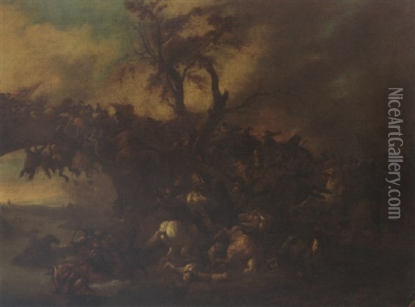 A Cavalry Battle Scene Near A Bridge Oil Painting - Jan van Huchtenburg