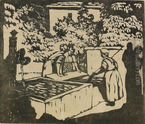 Frauen Am Brunnen. Oil Painting - Giovanni Giacometti
