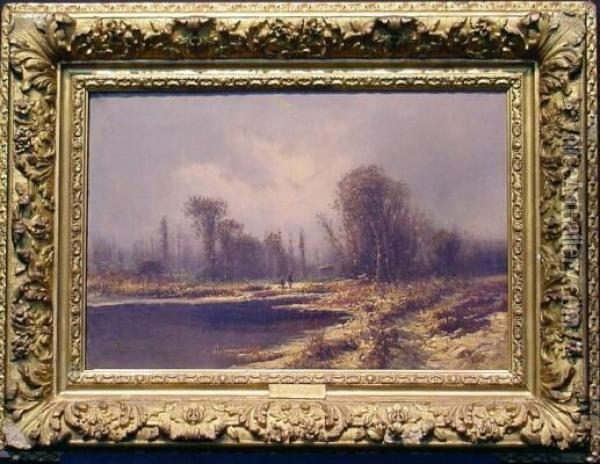 Hunters In A River Landscape Oil Painting - Karl Heffner