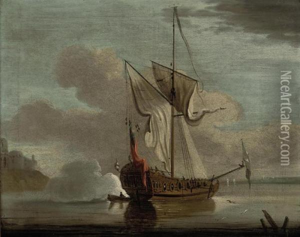 An Admiralty Yacht Firing A Salute Off Upnor Castle On Themedway Oil Painting - Francis Swaine