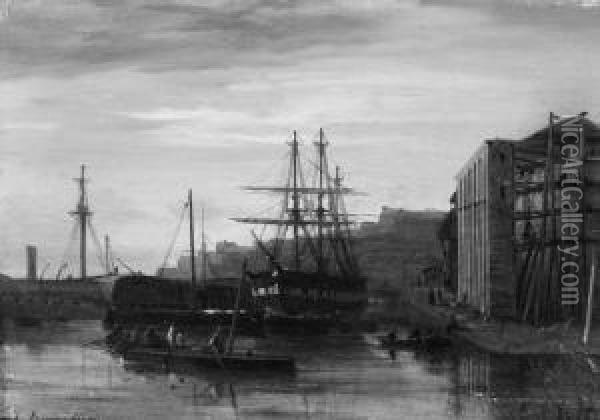 A Threemasted Barque Moored In A Scandinavian Port Oil Painting - Johan Jacob Bennetter