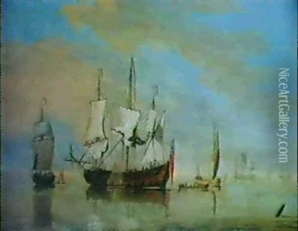 An English Naval Two-decker, With A Hoy         Alongside Possibly Delivering Supplies, And Yachts In A Calm Oil Painting - Cornelis van de Velde