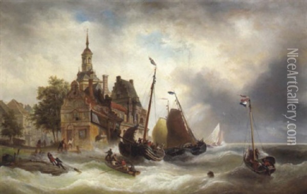 Hafenansicht Bei Bewegter See Oil Painting - Elias Pieter van Bommel