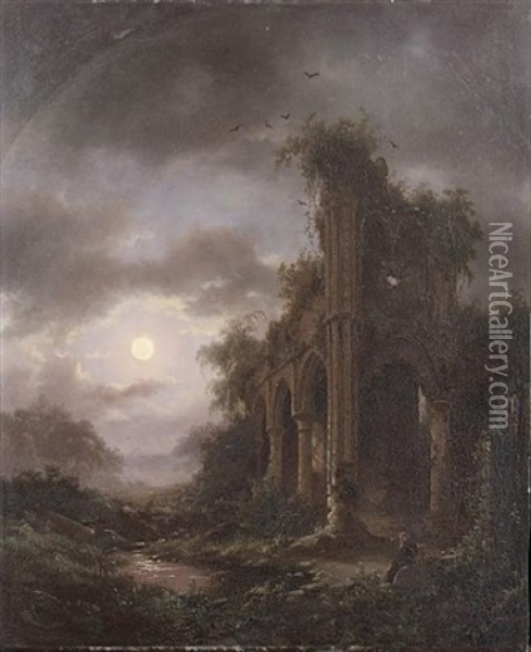 The Ruins Of The Abbey Of Villers-la-ville By Moonlight Oil Painting - Frederik Marinus Kruseman
