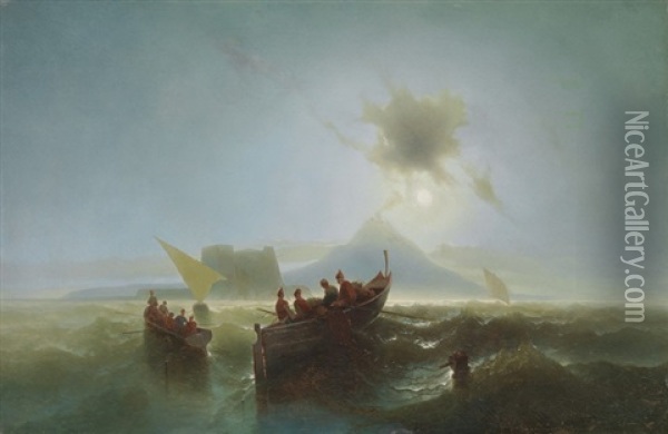 Aufbruch Der Fischer In Ihren Booten In Der Morgendammerung Vor Neapel Oil Painting - Francesco Gamba