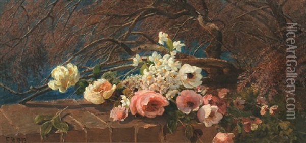 Blumengebinde Auf Gartenmauer Oil Painting - Helene Marie Stromeyer