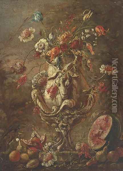 Tulips, narcissi and other flowers in a suclpted urn Oil Painting - Andrea Belvedere