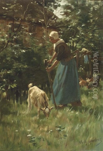 Tending To The Goat Oil Painting - Willy Martens