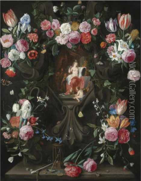 A Garland Of Flowers, Including 
Irises, Parrot Tulips And Roses, Surrounding A Stone Niche Inset With A 
Vanitas Scene Oil Painting - Jan van Kessel