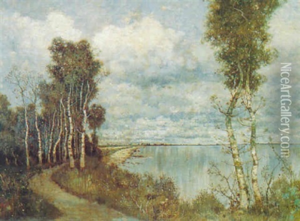 Birken Am See, Erinnerung An Corot Oil Painting - Karl Heffner