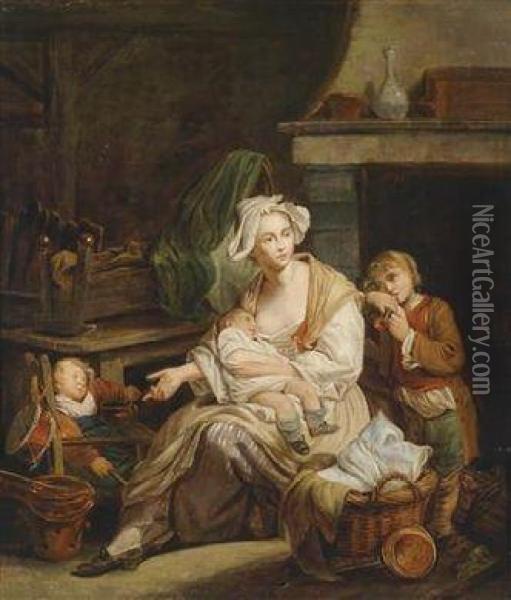 A Rustic Interior With A Young Mother Andher Three Children Oil Painting - Jean Baptiste Greuze
