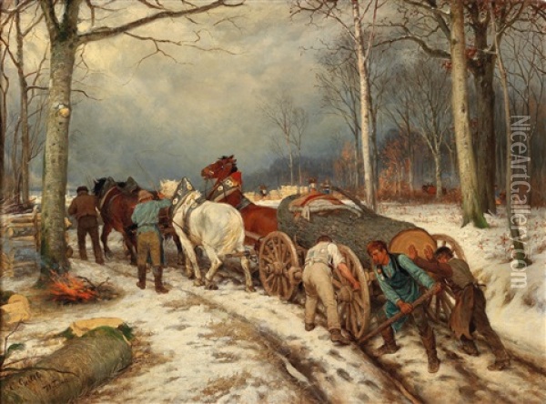 Woodworkers In A Winter Woodland Oil Painting - Casimir Geibel