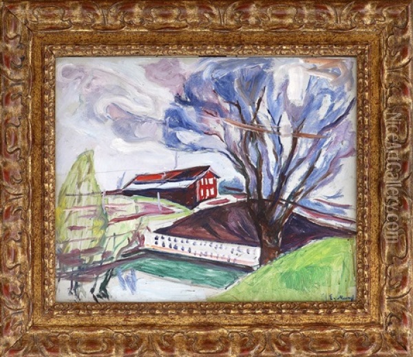 The Red House (+ Another Of The Same Name, Colour Crayon On Thin Cream Paper, Smllr; 2 Works) Oil Painting - Edvard Munch