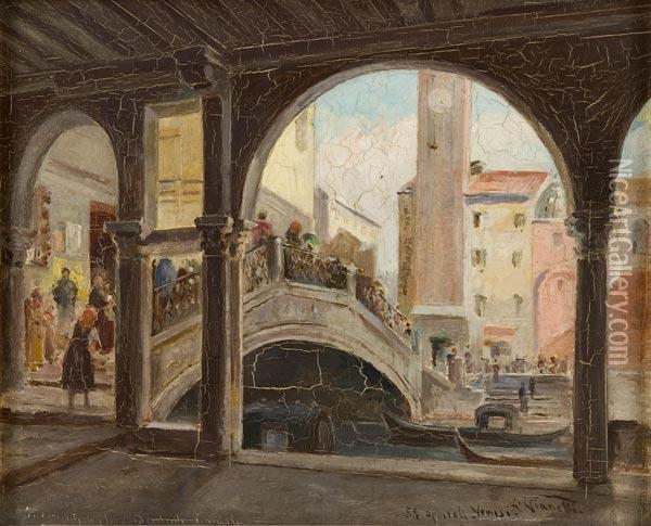 Ponte Del Rialto A Venezia Con Figure Oil Painting - Achille Vianelli