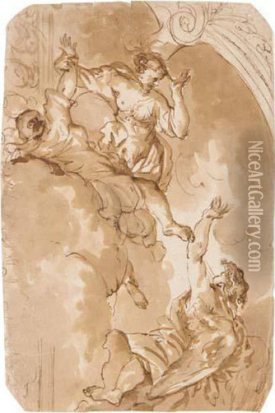 Deisgn For Part Of A Ceiling Decoration With Three Figures Oil Painting - Alessandro Gherardini