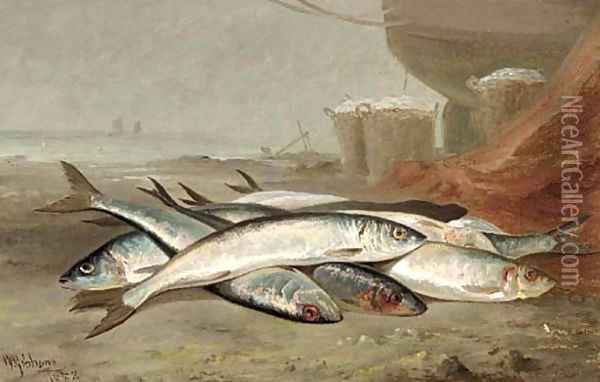 Mackeral on a beach Oil Painting - William Gibbons