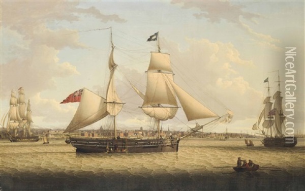 A 16-gun Brig, Probably A Privateer, In Two Positions On The Mersey, Heaving-to And Picking Up The Pilot, An Armed Merchantman Astern Of Her And The Liverpool Waterfront Beyond Oil Painting - Robert Salmon