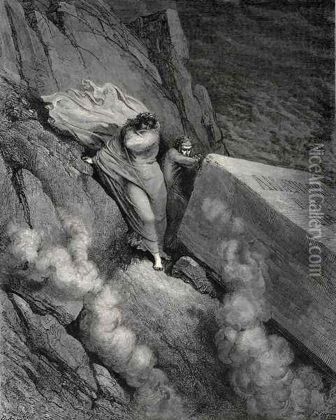 The Inferno, Canto 11, lines 6-7: From the profound abyss, behind the lid Of a great monument we stood retir'd Oil Painting - Gustave Dore