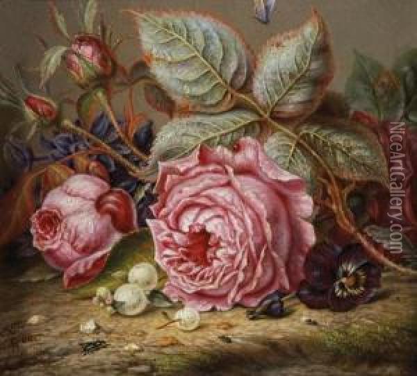 German, - Still Life With Roses, Apansy And Snowberries Oil Painting - Emilie Preyer