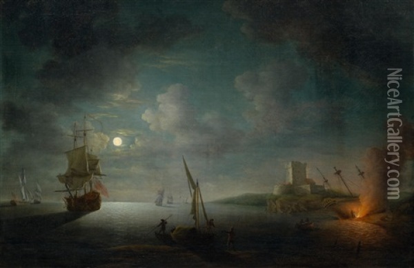 A Marine Scene At Night Oil Painting - Francis Swaine