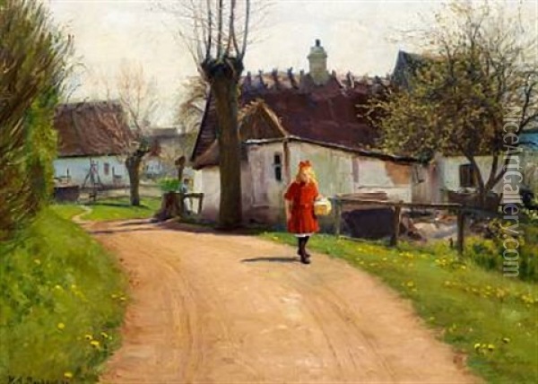 Girl With A Picnic Basket On A Village Road, Early Springtime Oil Painting - Hans Andersen Brendekilde