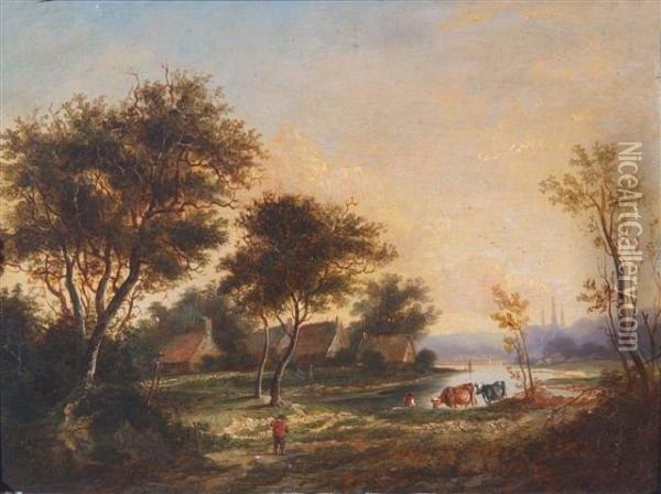 Cattlewatering At A Village Riverside Oil Painting - William F. Hardy