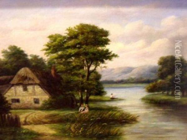 River Landscape With Figures Before A Thatched Cottage Oil Painting - George Vicat Cole