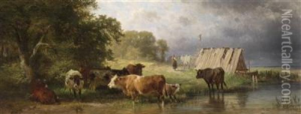 Herd Of Cows Resting By The Lakeshore Oil Painting - Friedrich Johann Voltz