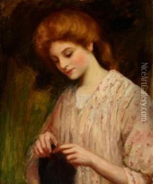 Emma Eburne Knitting A Sweater Oil Painting - William Oliver