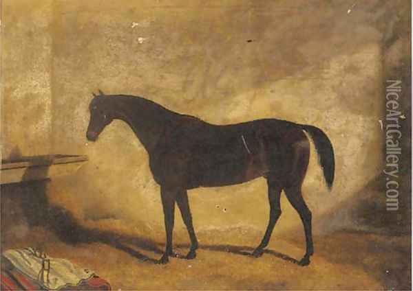 A dark brown hunter in a stable Oil Painting - English School