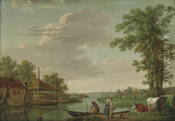 A River Landscape With Figures By An Embankment Oil Painting - Johannes, Jacobus Janson