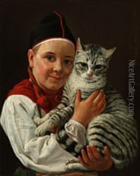 Pigen Med Katten Oil Painting - Frederik Christian Lund