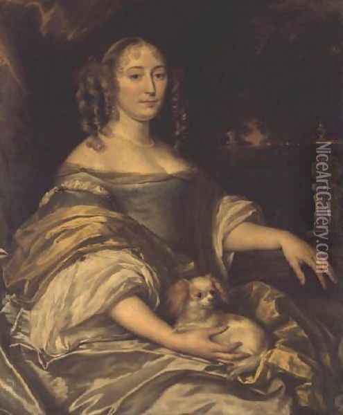 Portrait of a young lady in blue dress with lapdog Oil Painting - Abraham van den Tempel