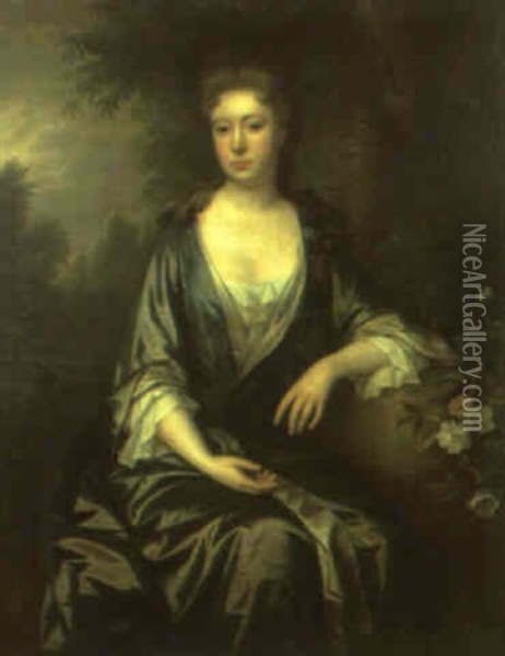 Portrait Of A Lady Wearing A Blue Dress Oil Painting - Charles Jervas