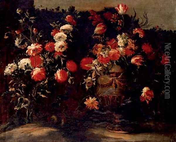 Tulips, roses, daffodils and other flowers in an urn, on a stone Oil Painting - Elisabetta Marchioni Active Rovigo