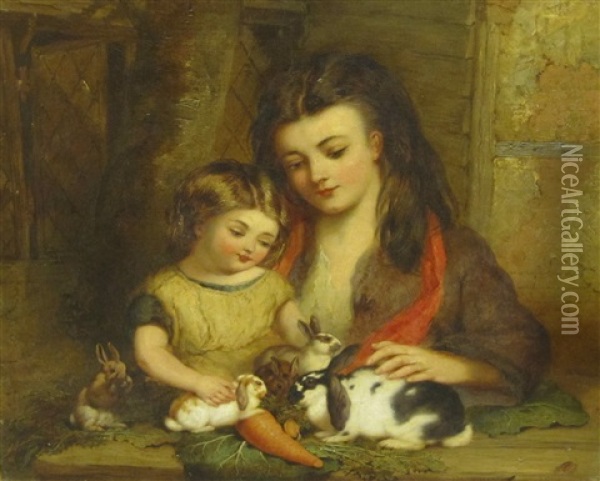 Feeding The Rabbits Oil Painting - John F. Pasmore
