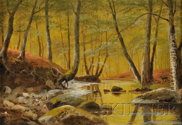 Woodland Scene With Deer Oil Painting - Alexander Schmidt
