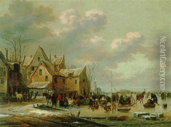 A Winter Townscape With Skaters On A Frozen Lake Oil Painting - Thomas Heeremans