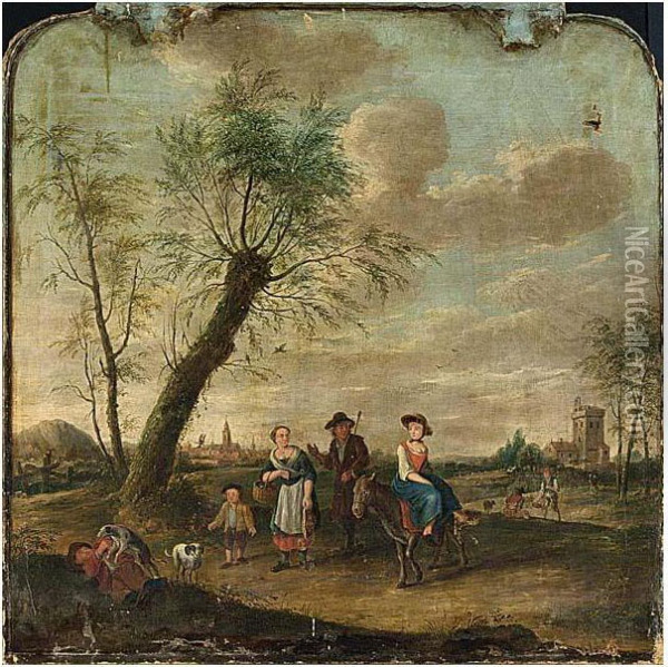 A Landscape With A Farmers' Family; Together With Four Other Works Oil Painting - Johannes Carree