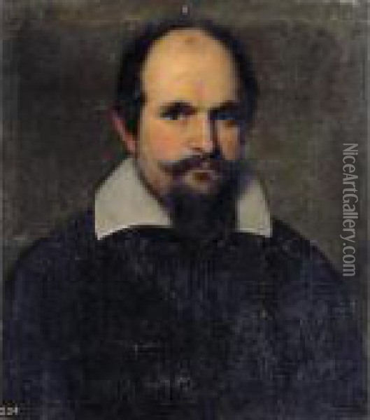 Portrait Of A Gentleman, Head And Shoulders, Wearing Black With A White Collar Oil Painting - Acopo D'Antonio Negretti (see Palma Giovane)