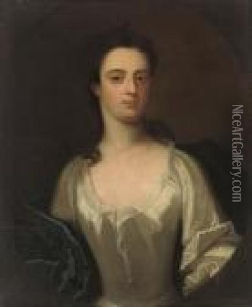 Portrait Of A Lady, Half-length,
 In An Oyster Satin Dress With Ablue Wrap, In A Feigned Oval Oil Painting - Michael Dahl
