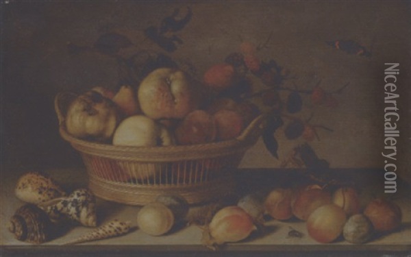 Apples, Pears, A Branch Of Mulberries In A Basket, With Plums, Shells, A Wasp, A Red Admiral And Other Insects On A Ledge Oil Painting - Balthasar Van Der Ast
