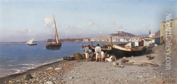 Neapolitan Fishermen With Nets At The Shore Oil Painting - Giuseppe Laezza