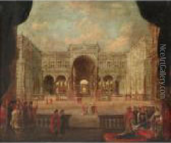 A Palace Capriccio Scene With Esther Before Ahasuerus Oil Painting - Jacobus Saeys