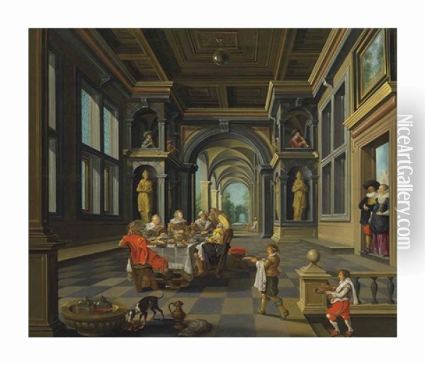 A Palatial Interior With The Parable Of Lazarus And Dives Oil Painting - Dirck Van Delen