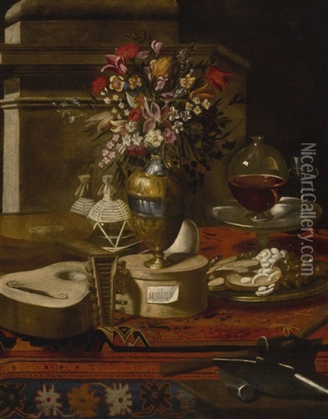 Still Life Of A Vase Of Flowers, Musical Instruments, Two Flasks, A Dish With Sweets And Other Objects On A Table Oil Painting - Pier Francesco Cittadini