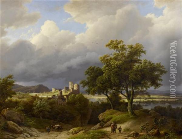 Broad River Landscape With Travellers And Ruin In The Background Oil Painting - Barend Cornelis Koekkoek
